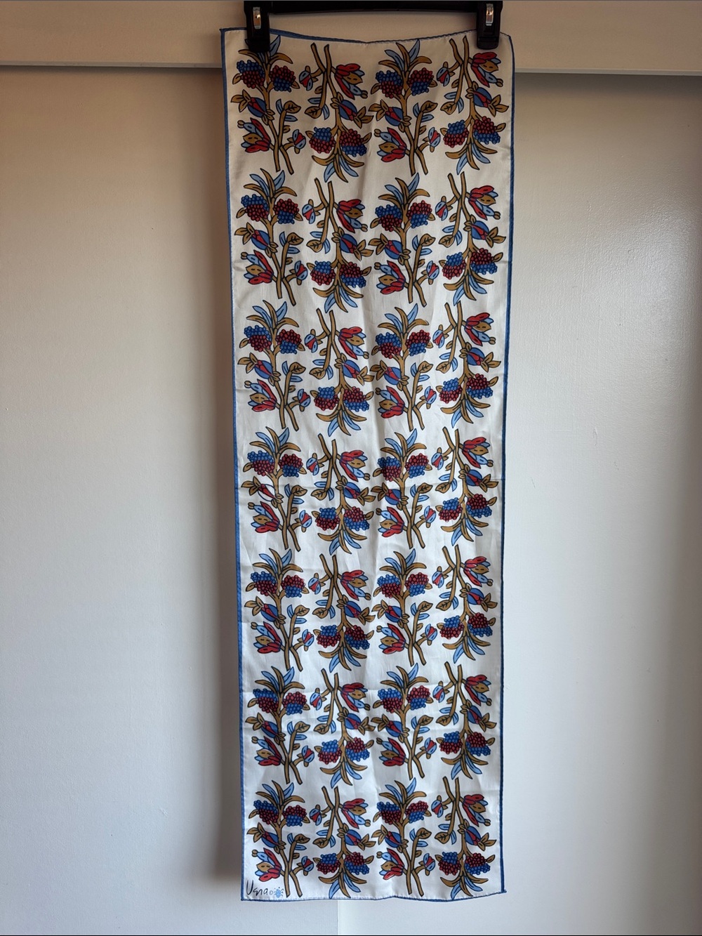 Vera Neumann Rectangle Floral Print Scarf in White with Blue Red Accents